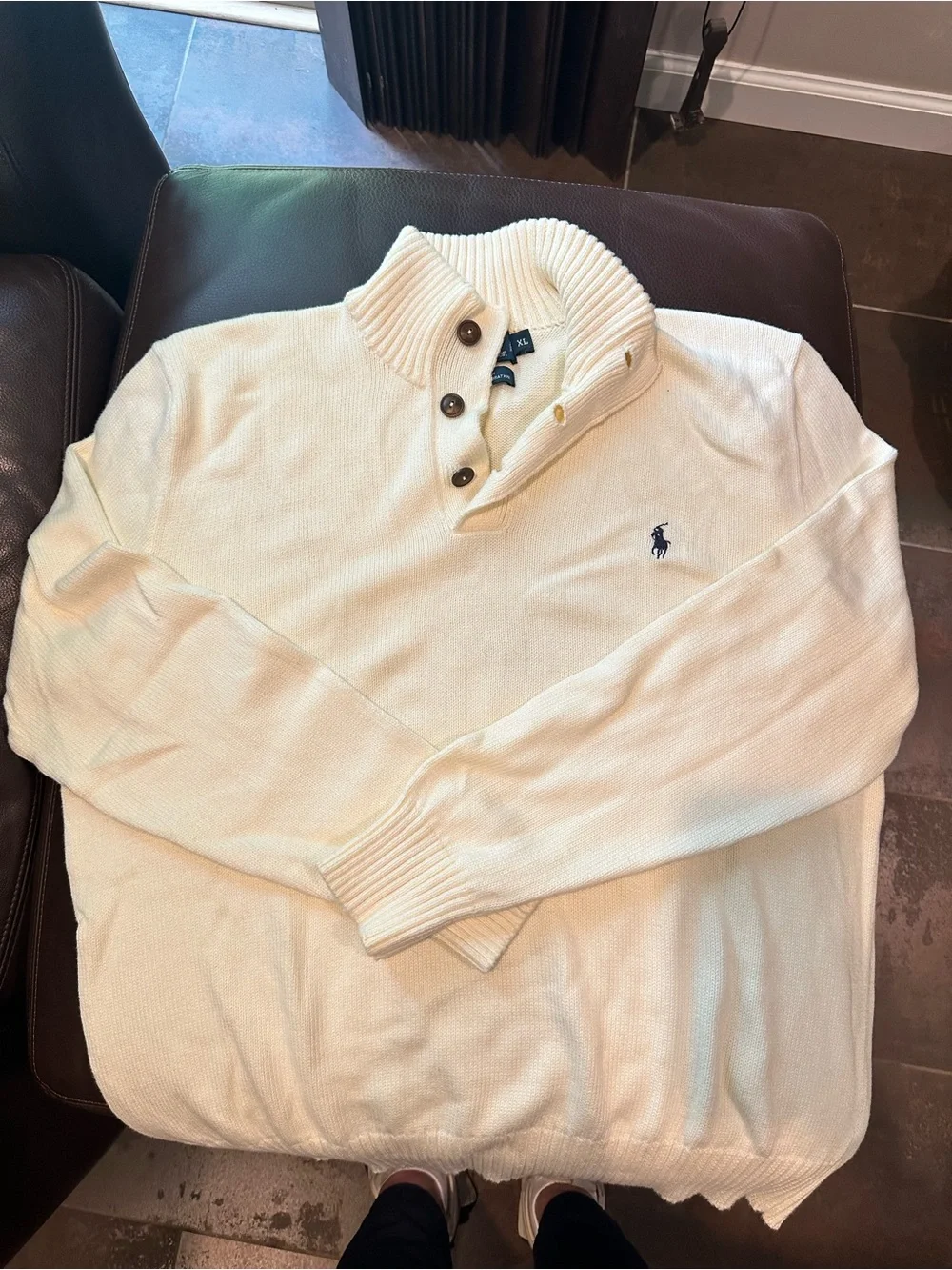 Polo by Ralph Lauren Men’s Cream Ribbed Zip-Neck Sweater with Navy Pony